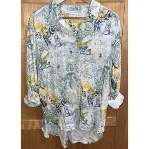 Jane And Delancey Button Up Linen Blend Travel Pattern Roll-tab Sleeves Sz Large